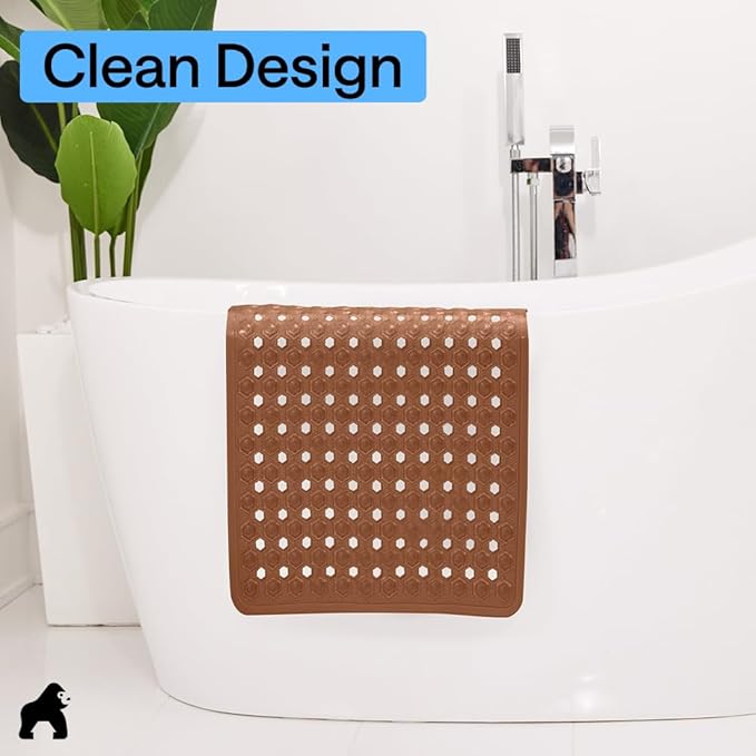 GORILLA GRIP Patented Square Shower Stall Mat, Small Bathtub Floor Mats for Stand Up Showers with Suction Cups and Drainage Holes, Machine Wash, Soft on Feet, Bathroom Accessories 21x21 Inch, Brown
