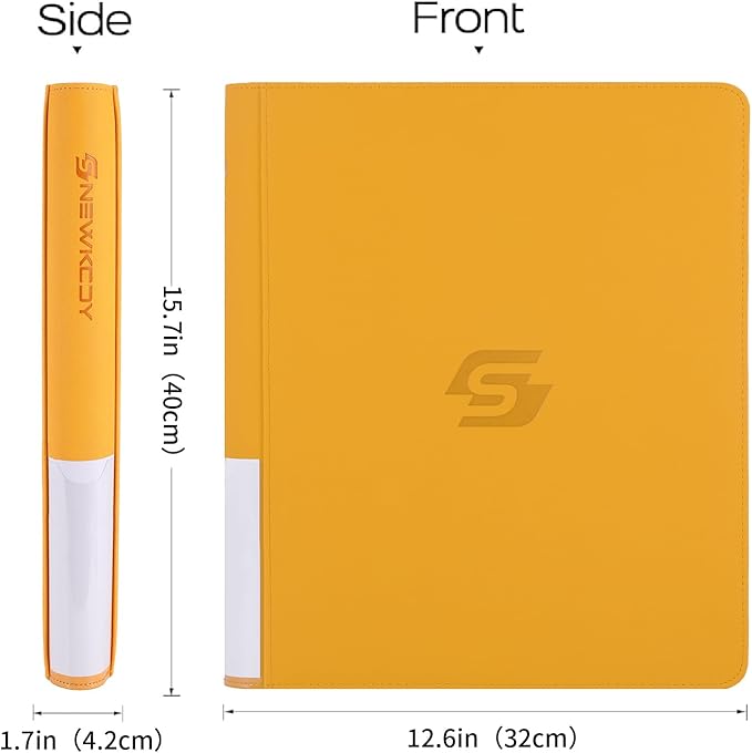 Snekdy Top loader Binder, 9 Pockets Top Loader，Holds 360 Top Loaders cards, Card binder with Sleeves for card in 3 x 4 inches color smooth Zipper PU Leather (Yellow)