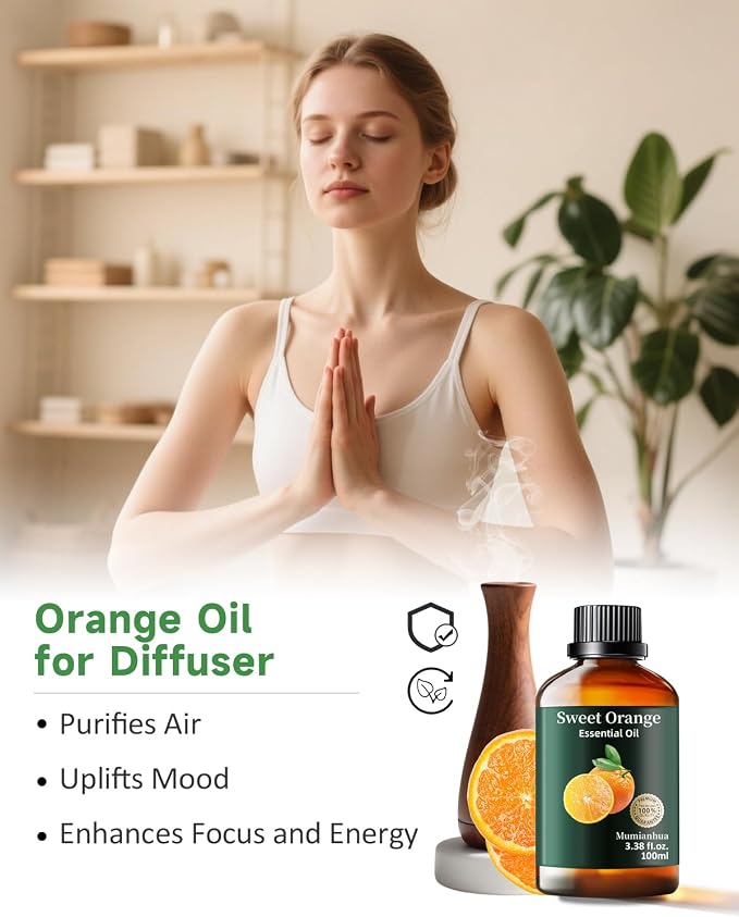 Orange Essential Oil, Fresh Scent, Aromatherapy & Cleaning, 3.38 Fl Oz | Mumianhua Cold-Pressed Orange Oil. Bright Citrus Scent. Skin-Safe for DIY Perfume, Soap & Candle Making, Cleaning & Diffusion