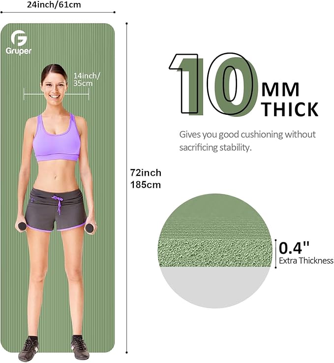 Gruper Yoga Mat Non Slip NBR Extra Thick Yoga Mat, 72"L x 32"/24"W x 0.6"/0.4"TH (185cm x 80cm/61cm x 15mm/10mm), Anti-Tear Exercise Mat with Carrying Strap and Bag, Workout Mats for Yoga, Pilates