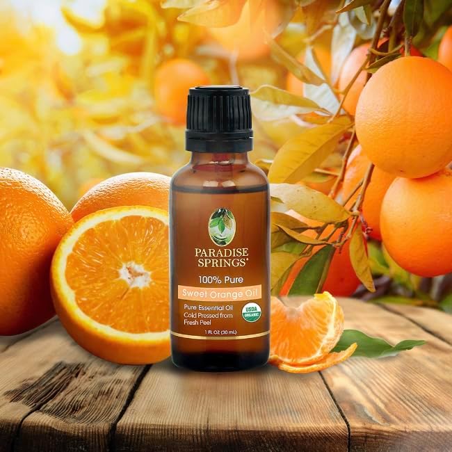 Paradise Springs Organic Sweet Orange Essential Oil, 100% Pure and Natural Organic Sweet Orange Essential Oil for Diffusers for Home Aromatherapy, Massage, Humidifiers, 1fl oz (30ml)