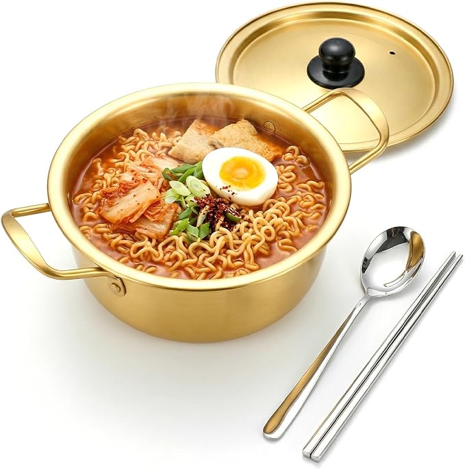 Korean Ramen Cooking Pot, Korean Noodle Pot Ramen Cooking Pots Instant Noodle Pots With Lid Spoon And Chopsticks (1pair) For Kitchen Cookware (8.8 x 3.4 Inches)