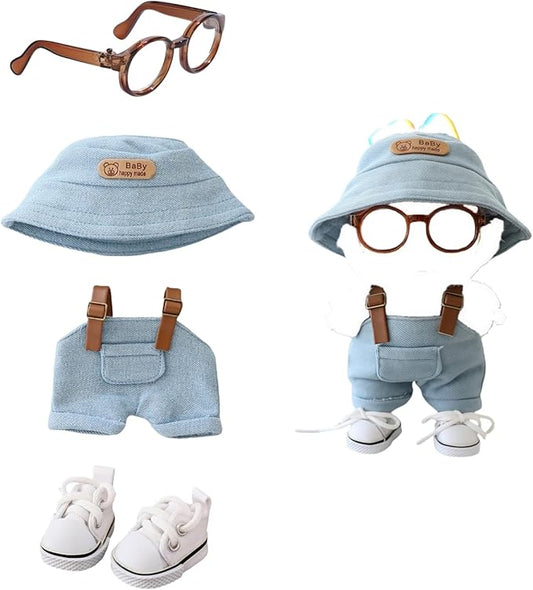 Clothes for Doll Accessories, Stylish Kawaii Overalls Outfit Set 4 Pieces Bib Pants for 15cm 17cm Dolls, Cute Doll Hat Shoes Clothing Set Replacement Blue (No Dolls)