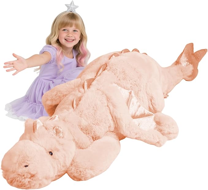 ARELUX Giant 52in 3Lb Big Pink Dragon Large Stuffed Animals Cute Plush Toy Fuzzy Jumbo Dinosaur Pillow Plushies with Wings Cuddly Soft Green Pterosaur Plushie for Friends Family Member