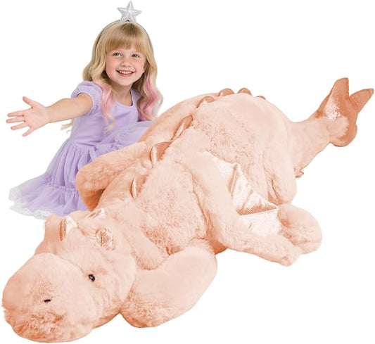 ARELUX Giant 52in 3Lb Big Pink Dragon Large Stuffed Animals Cute Plush Toy Fuzzy Jumbo Dinosaur Pillow Plushies with Wings Cuddly Soft Green Pterosaur Plushie for Friends Family Member