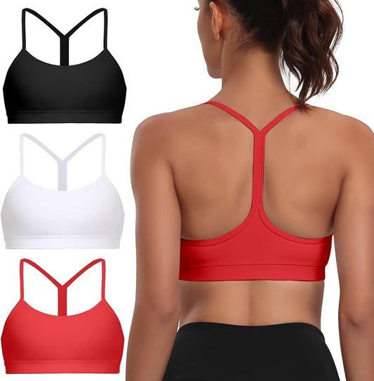 Raxnode Women's 3-Pack Y-Back Sports Bra, Thin Spaghetti Strap Nylon Yoga Bra with Removable Cups, Light Support Bralettes