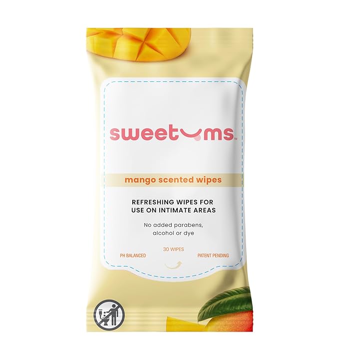 Sweetums Mango Scented Daily Feminine Wipes for Women – pH Balanced Unflavored Intimate Wipes – Water-Based, Aloe-Infused, Gentle on Sensitive Skin – Vegan, No Alcohol or Dyes, Travel-Friendly - 30ct