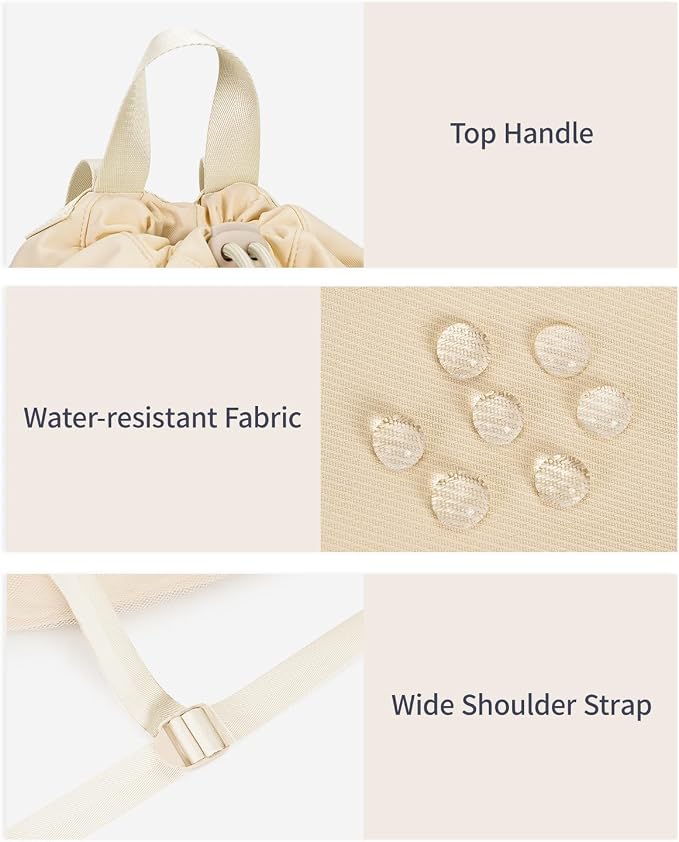 WANDF Drawstring Backpack for Women, Lightweight Gym Bag with Yoga Mat Strap, Water-Resistant String Backpack with Mesh Pocket (Beige, Patent Pending)