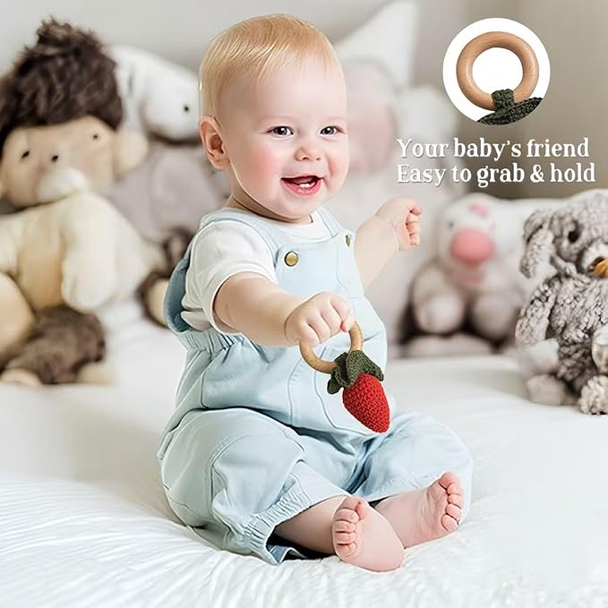 Wooden Baby Rattle Toys Stuffed Crochet Rattle with Teether Ring for Newborn Babies Fruit Wooden Teether Toy Infant Toddler Handcrafted Crochet Rattles Cute Shower Gifts for Boy and Girls