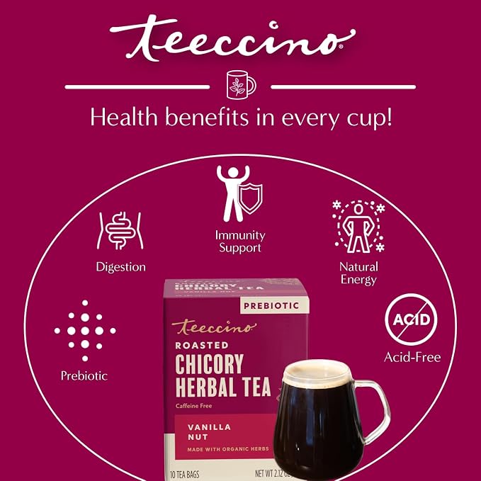 Teeccino Vanilla Nut Herbal Tea - Rich & Roasted Herbal Tea That’s Caffeine Free & Prebiotic for Natural Energy, 10 Tea Bags (Pack of 6)
