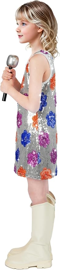 Girls Sequin Dress Sparkly Sleeveless Costume Prom Concert Party Outfit with Glitter Microphone Prop