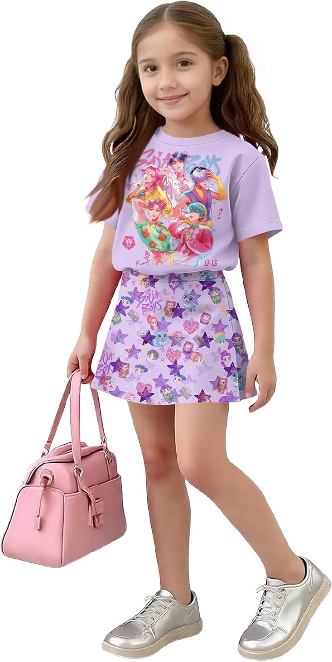 HTHLVMD K Pop Short Sleeve T-Shirt and Skirts Outfits Set for Girls Hunters Rumi Mira Zoey Graphic Tees De-Mon Costume