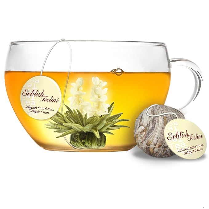 Creano Blooming Tea Tealini - Tea Flowers in Cup Size - Gift Set in Wooden Tea Box - 12 pcs in 8 Varieties - White Tea & Black Tea