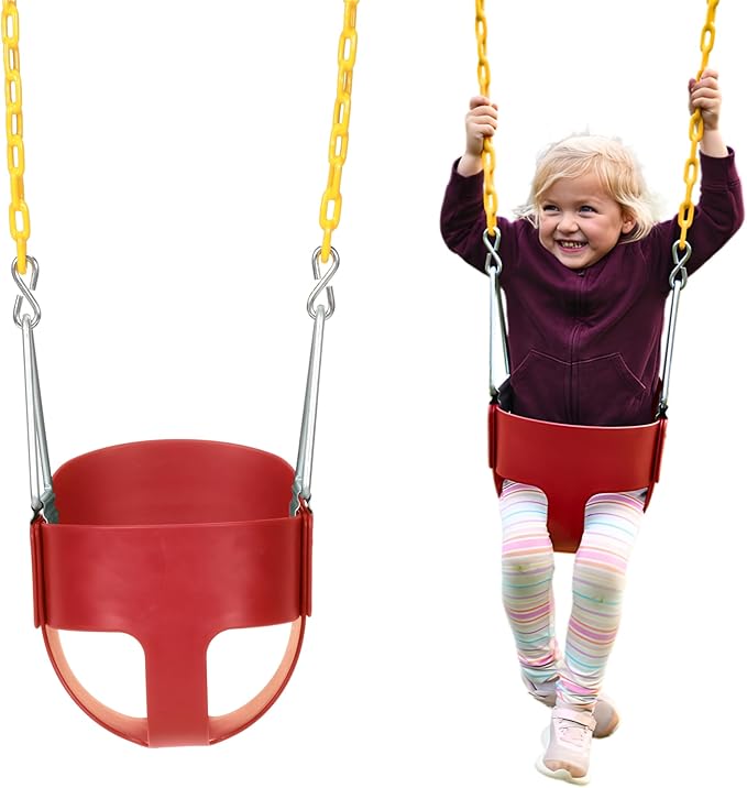 Eastern Jungle Gym Heavy-Duty High Back Full Bucket Toddler Swing Seat | Coated Chains Fully Assembled | Red Swing Set Accessory