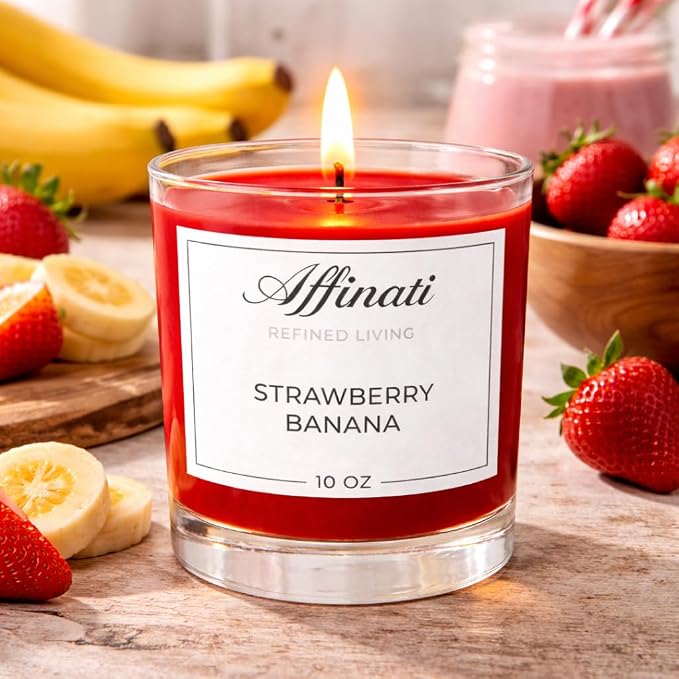Strawberry Banana Affinati 10 oz Scented Candle for Home – Long Lasting Fruity Soy Blend Candle with Wooden Wick, Strong Scent Throw Glass Jar Candles, Premium Clean Burning Aromatherapy Gifts