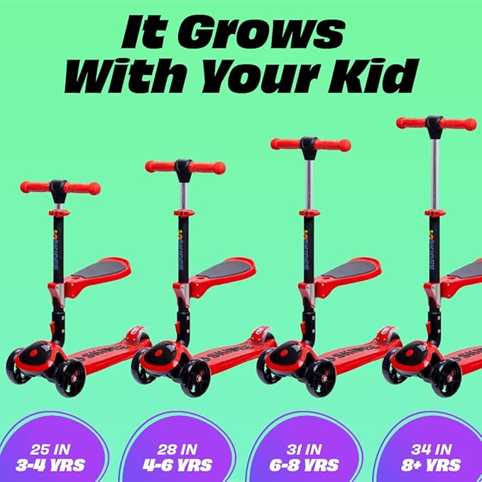 SKIDEE Kick Scooter for Kids Foldable 3 Wheel Scooter with Lean-to-Steer, Adjustable Height, Removable Seat & LED Light Wheels | Toddler Scooter Up to 12 Year Old Boys/Girls