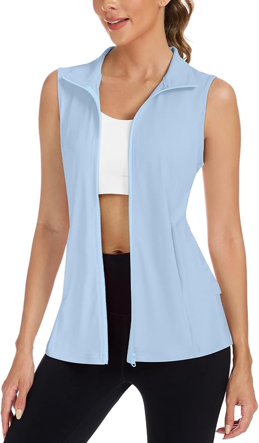 Women's Golf Vest with Pleated Tennis Skirt Hem Lightweight Full Zip Sleeveless Athletic Shirts with Pockets