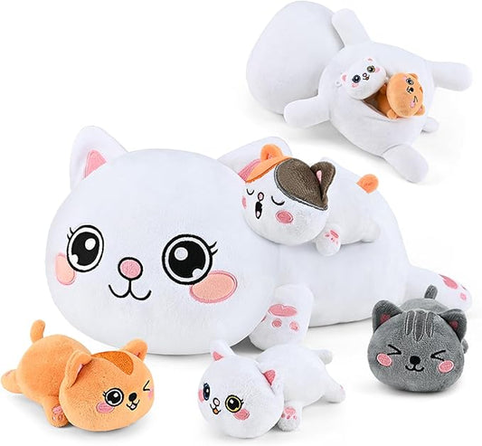 KMUYSL Cat Stuffed Animals Toys for Ages 3 4 5 6 7 8+ Years Old Kids - Mommy Cat with 4 Baby Kitty in Her Tummy, Idea Xmas Birthday Gifts for Baby, Toddler, Girls, Boys