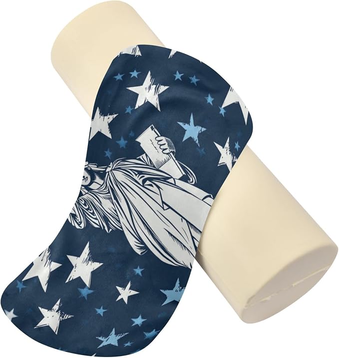 July 4th Statue of Liberty Stars Blue Neck Roll Pillow Bolster Round Health Memory Foam Long Cervical Cylinder Pillows with Removable Washable Cover for Body Bed Legs Back Yoga