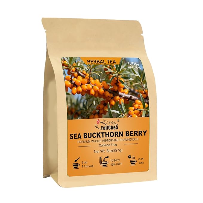 FullChea - Sea Buckthorn Berry, 8oz/227g – Whole Dried Sea Buckthorn Tea, Superfood Berries – High in Vitamin C & Antioxidants for Immune and Skin & Heart Health Support