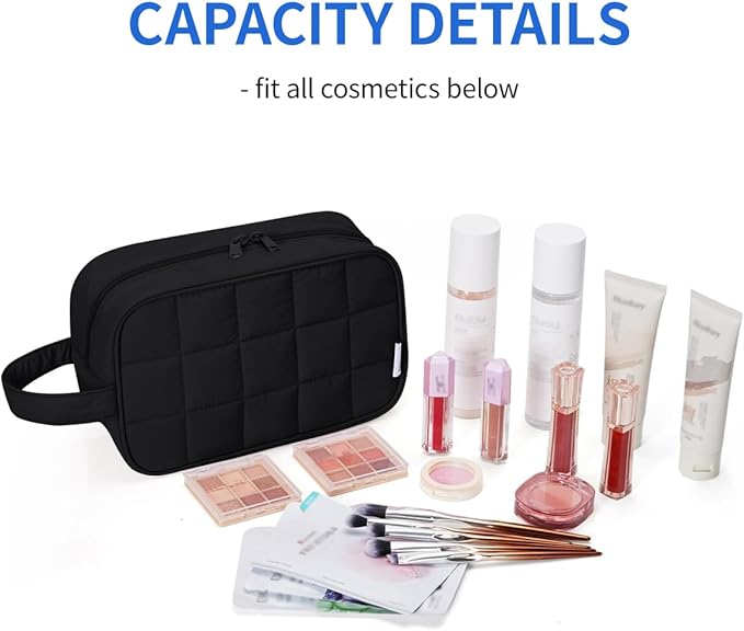 Narwey Quilted Makeup Bag Puffy Make up Bag Cosmetic Bag Organizer, Puffer Travel Toiletry Bag for Traveling Women Girl, Travel Bag for Toiletries, Skincare Medicine Bags (Black)