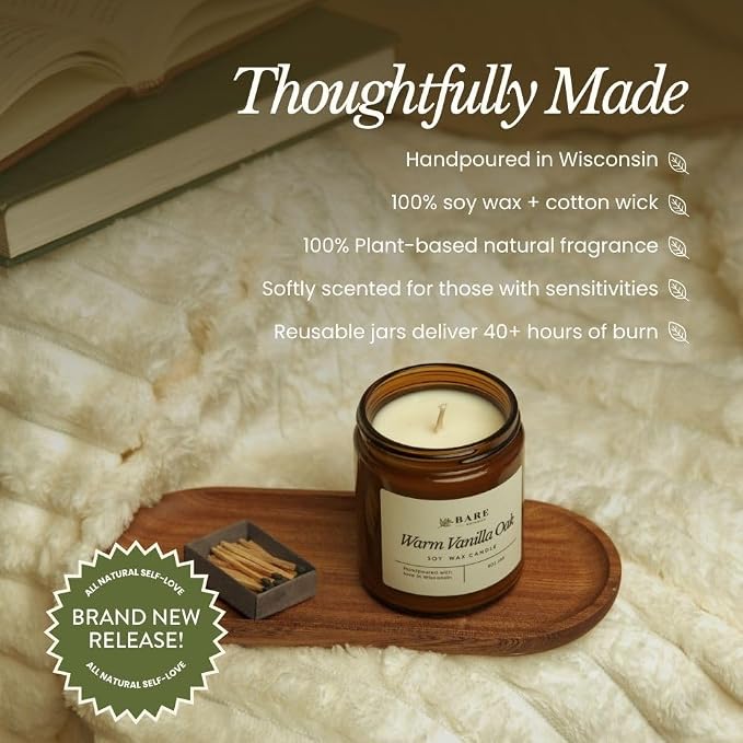 Bare Botanics Non-Toxic Warm Vanilla Oak 9oz Soy Candle - 100% Plant-Based Fragrance Oils - Handpoured in WI - 40+ Hrs