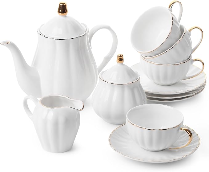 BTaT- Classic tea set, 13 pcs, Tea Cups (7oz), Tea Pot with Stainless Steel Infuser (32oz), Creamer and Sugar Set, Porcelain Tea Set, White Tea Set, Tea Pot Sets with Cups