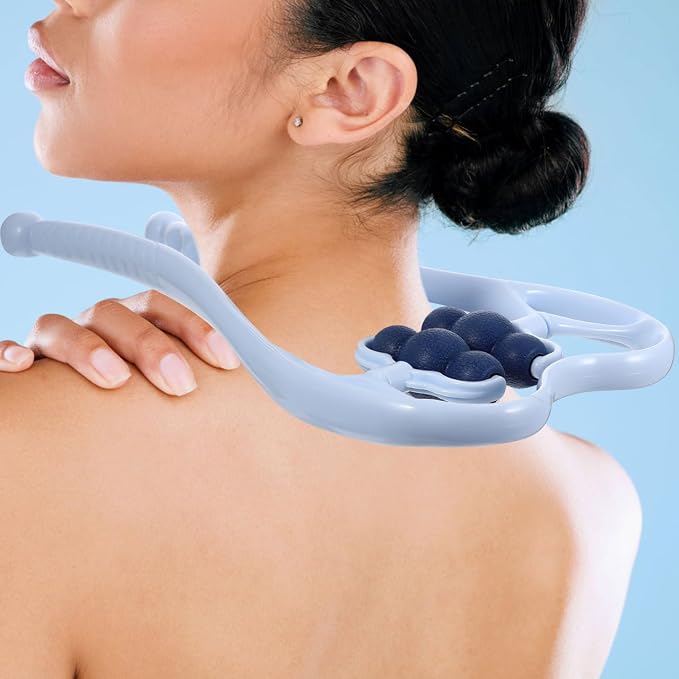 Neck Massager for Neck and Shoulder Shiatsu Deep Tissue Dual Trigger Point Roller for Pain Relief Ergonomic Handle Design Lightweight Portable Handheld Tool Suitable Legs Waist and Shoulder