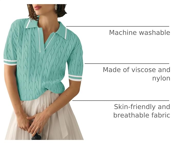 Micoson Womens Short Sleeve Sweater Tops Lapel V Neck Polo Shirts 2026 | Summer Cable Knit Loose Blouses, Business Casual Outfits