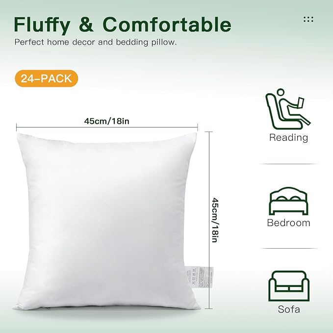 OTOSTAR Pack of 24 Throw Pillow Inserts, 18 x 18 Square Cushion Inner Soft Fluffy Plump Stuffer Cushion Pads White Decorative Pillow Inserts