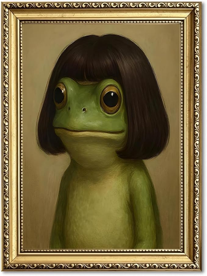 Gold Framed Funny Frog Wall Art, Whimsical Green Frog Wall Decor Painting Cute Animal Poster Canvas Prints Artwork for Living Room Bedroom Bathroom 12x16 inch