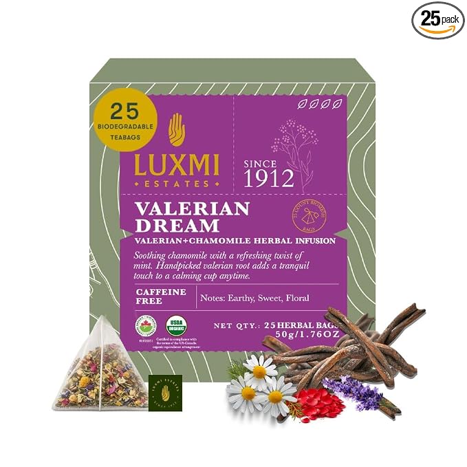 Luxmi Estates Valerian Dream Tea | 25 Pyramid Tea Bags (50g, 1.76oz) | USDA Organic Five-Herb Blend with Valerian Root, Chamomile, Lavender, Rose Petals & Peppermint | Caffeine-Free, Vegan