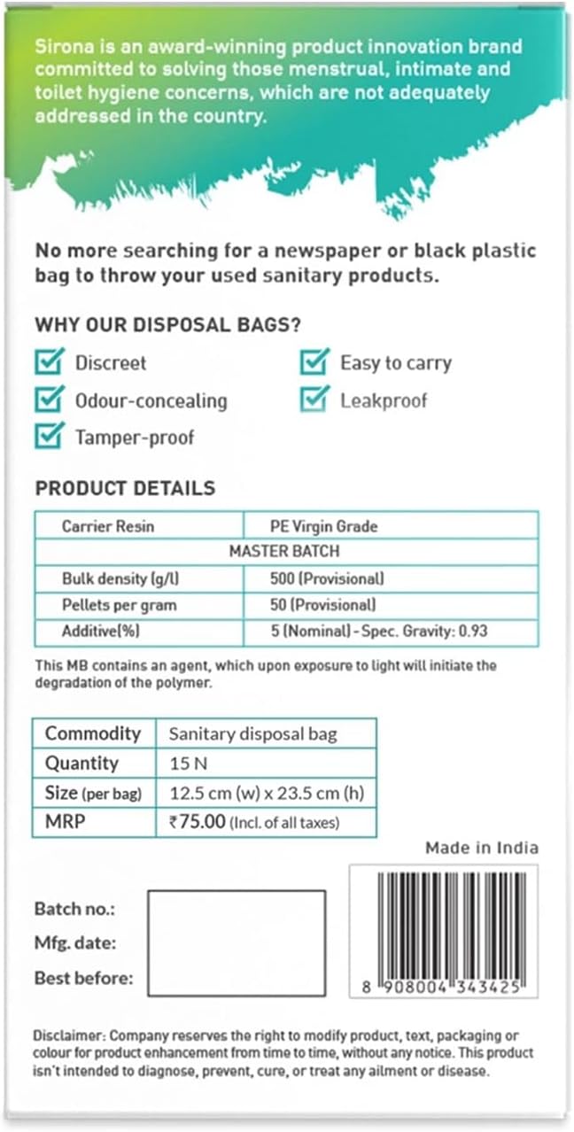 Sirona Personal Disposal Bags – 15 Bags for Discreet Tampons, Sanitary Pads/Napkin, Panty Liners, Tampons & Condoms | Menstrual Care and Hygiene Products