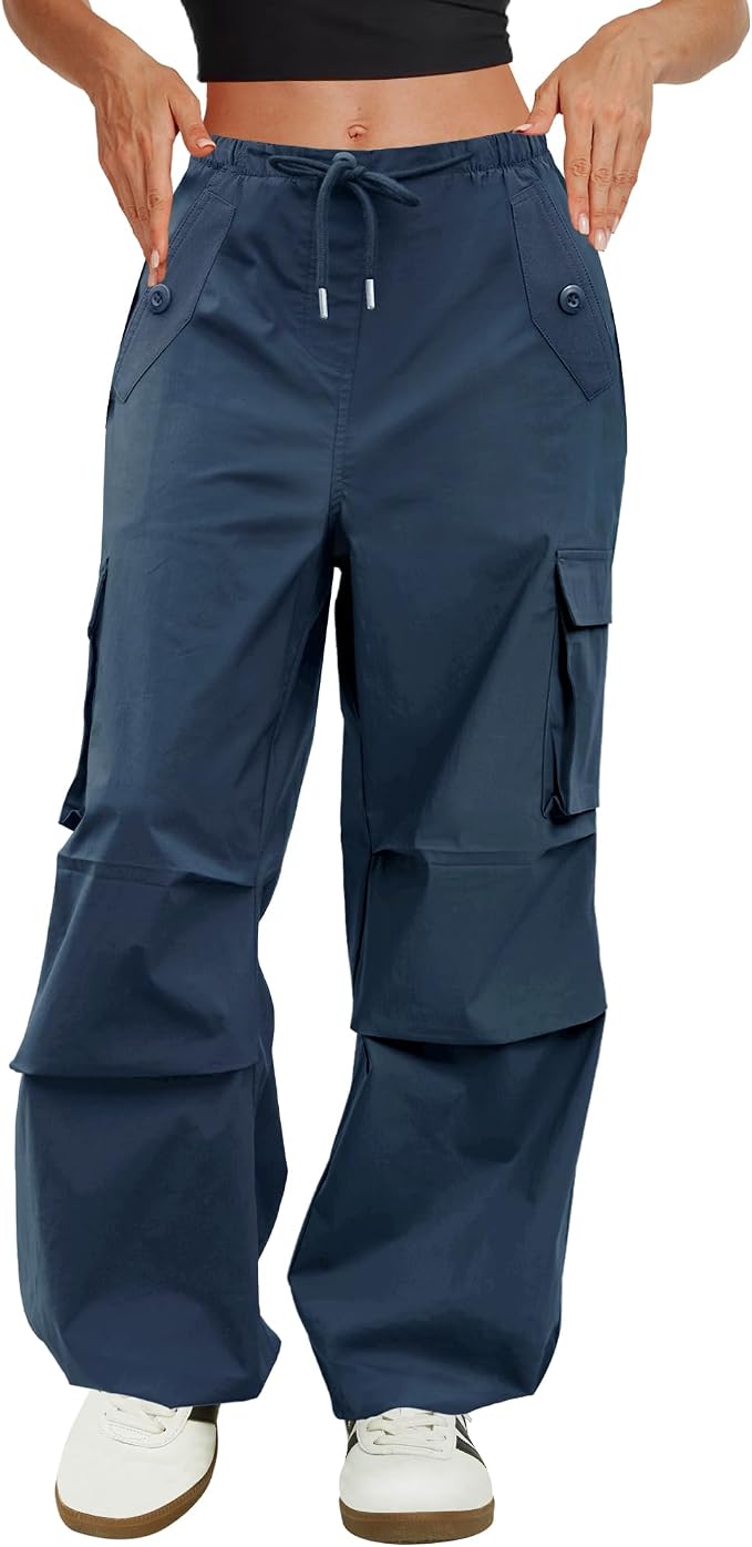 COPYLEAF Cargo Pants Women Low Waisted Parachute Pants with Pockets Loose Baggy Hiking Pants Y2K Clothes