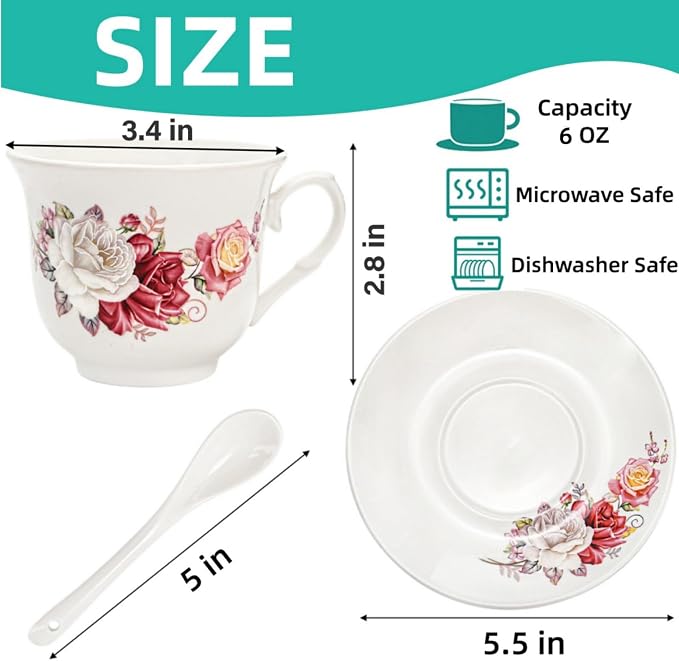 WRINGKIT Tea Cups and Saucers Set of 6, 6 Oz Porcelain Floral Tea Cups with Spoon, Bone China Coffee Cup Saucer Gift Set for Cappuccino, Espresso, Latte, Cafe Mocha, Microwave Safe