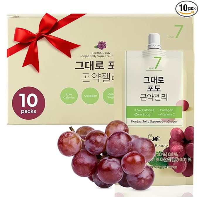 Korean Food Konjac Jelly, Grape Flavor, Zero Sugar, Fish Collagen, 10 Pack | Chewy konjac jelly with grape flavor in convenient single-serve pouches