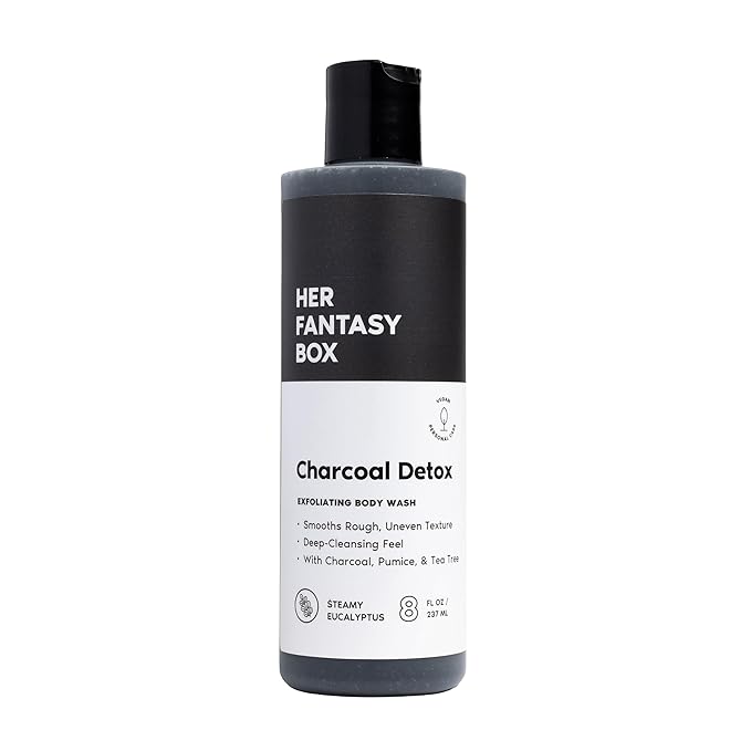 Her Fantasy Box | Charcoal Detox Exfoliating Body Wash – Activated Charcoal & Pumice Deep Cleanser with Tea Tree & Eucalyptus, Refreshing Exfoliation for Smoother Skin, Vegan & pH Balanced (8 oz)