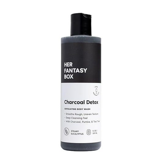 Her Fantasy Box | Charcoal Detox Exfoliating Body Wash – Activated Charcoal & Pumice Deep Cleanser with Tea Tree & Eucalyptus, Refreshing Exfoliation for Smoother Skin, Vegan & pH Balanced (8 oz)