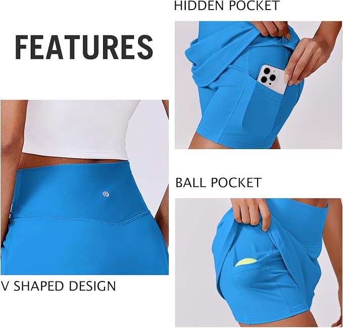 PINSPARK 14" Womens Tennis Skirt High Waisted Golf Skort with 2 Pockets | Built-in Shorts, A Line, Tummy Control, Stretchy, Casual, Mini, Workout, Pickleball, Running, Skort for Woman