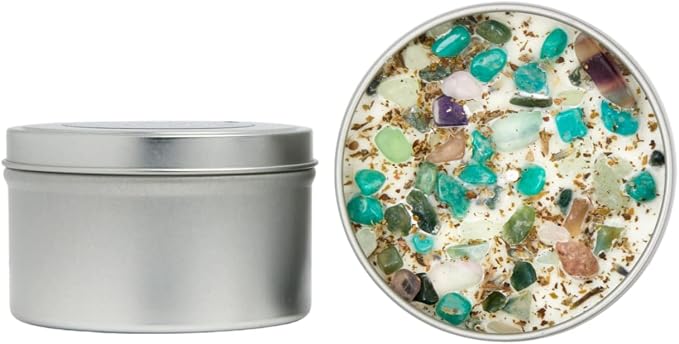 Zen Crystal Candle by NEW MOON BEGINNINGS - All Natural Aromatherapy Candle - 100% Soy Candle - Citrus, Cedarwood, Patchouli - Amazonite, Fluorite, Moss Agate - Meditation Candle - 8 oz. Tin with lid