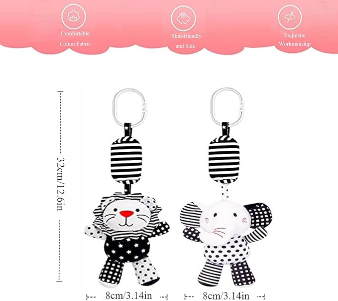 2Pcs Hanging Rattle Toys for Babies, Hanging Baby Toy, Car Seats Stroller Toys with Wind Chime for Newborn 0-36 Months, Clip Hanging Plush Squeeze Toys, Best Birthday Gift for Newborn