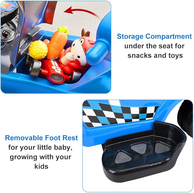 ChromeWheels 3 in 1 Ride on Push Car for Toddlers with Removable Handle/Guardrails/Pedal, Horn, Music, Under Seat Storage (Blue)