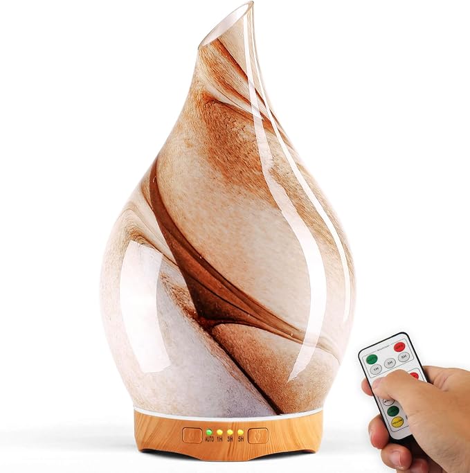 Porseme 280ml Essential Oil Diffuser Glass Color Changing Aroma Air Diffusers Aromatherapy Ultrasonic Cool Mist Humidifier with Remote Control 7 Running Hours Waterless Auto-Off (Desert)