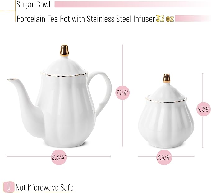 BTaT- Classic tea set, 13 pcs, Tea Cups (7oz), Tea Pot with Stainless Steel Infuser (32oz), Creamer and Sugar Set, Porcelain Tea Set, White Tea Set, Tea Pot Sets with Cups