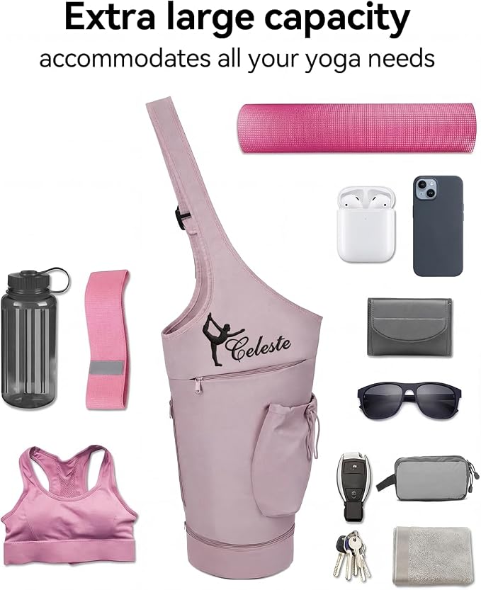 Personalized Yoga Mat Bag for Women Men Embroidery FREE NAME, Waterproof Nylon Yoga Mat Gym Bag Carrier Custom Compartment Fitness Travel Bags Adjustable Strap