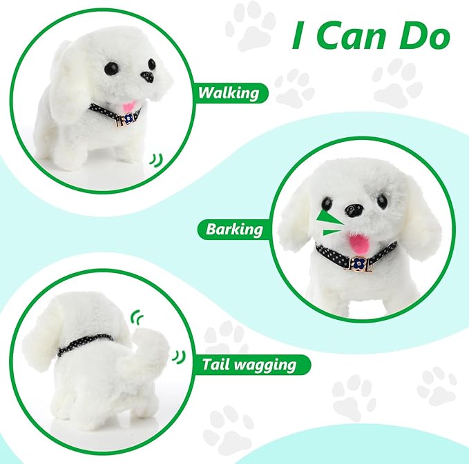 Electronic Interactive Plush Puppy - Battery Operated Mechanical Walking Little Pet Dog with a Cute Bag, Barking, Tail Wagging, Stretching Companion Animal for Toddlers & Kids (White)