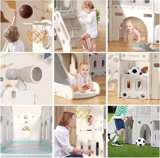 Glaf Toddler Slide 8 in 1 Indoor Playground for Toddlers 1-3 Outdoor Playset Kids Slides for Backyard Baby Slide Climber Slides with Telescope Basketball Hoop Tunnel and Ball (Grey)