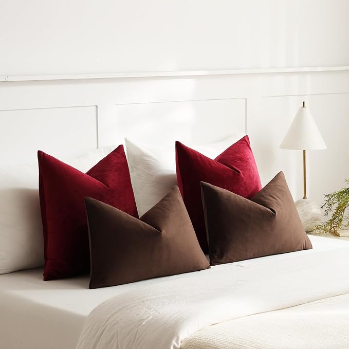 Euro Sham Covers 26x26 Wine Red: Pack of 2 Cozy Soft Velvet Square Modern Luxury Decorative Throw Pillow Cases for Christmas Sofa Couch Living Room Bed Home Decor