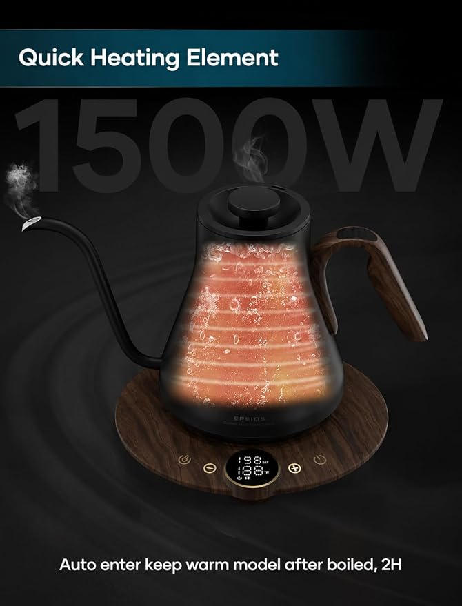 INTASTING Gooseneck Electric Kettle with ±1℉ Temperature Control for Pour Over Coffee & Tea, Quick Heating, BPA-Free Stainless Steel, Built-in Brew Timer, 1500W/0.9L (Rainforest)