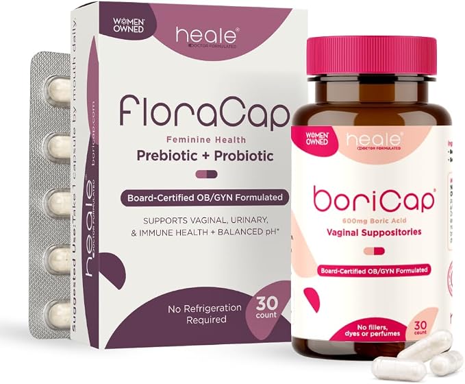 BoriCap 30 Day Supply 600mg Boric Acid Suppositories Bundle with Probiotics for Women, Vaginal Odor Control, pH-Balanced Feminine Care, Pure Boric Acid Powder, Reduce Odor, Itching, & Discomfort